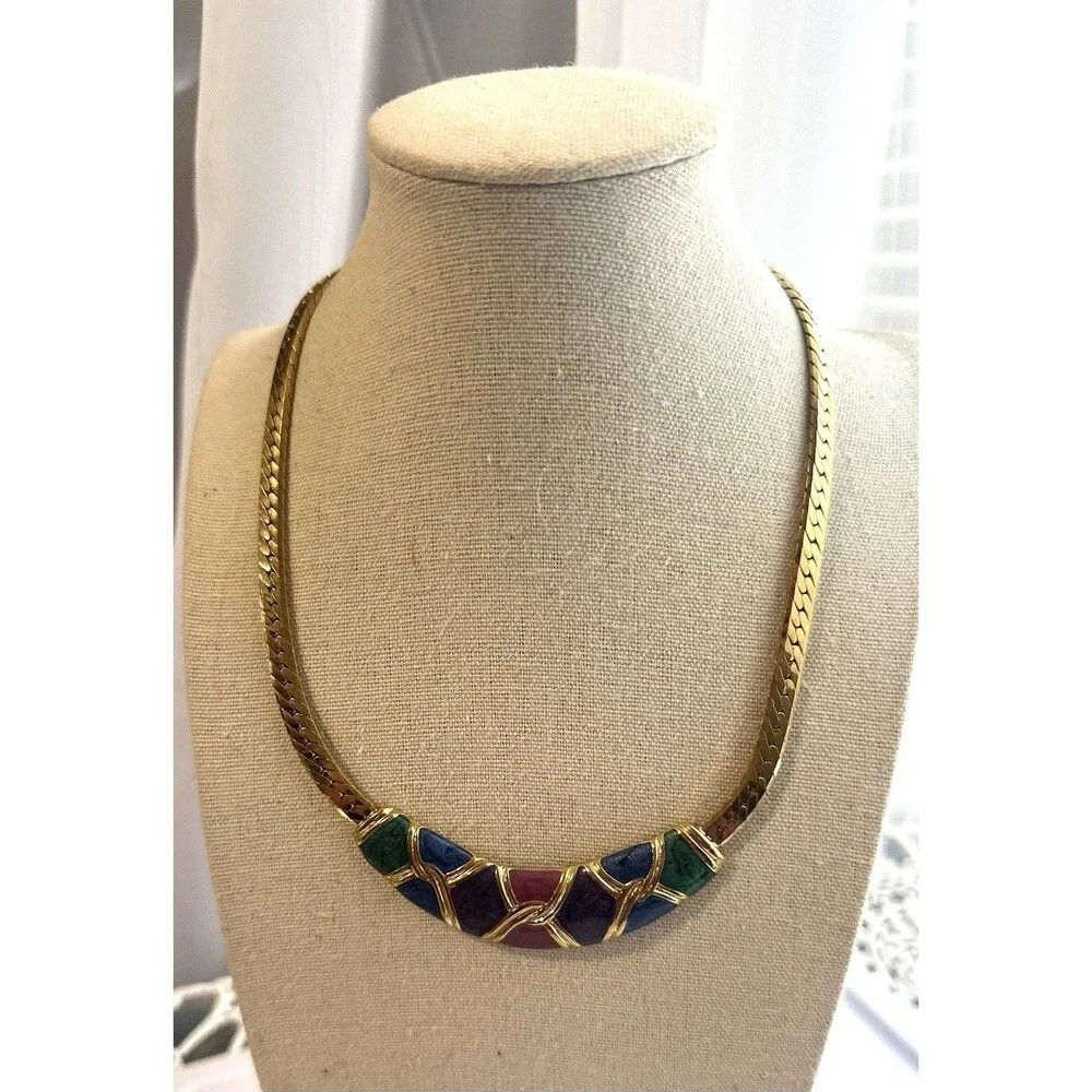 Vintage 80s Gold Tone Herringbone Necklace Colorful Enamel Statement